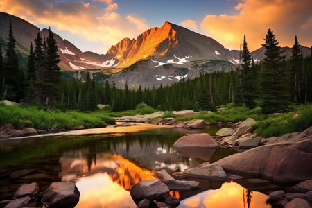 The Majestic Twilight: Longs Peak and The Crags Illuminated above Gem Lake in Rocky Mountain National Park, Estes Park, Coloradoの素材