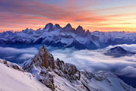 Breathtaking Winter Dusk: Majestic Sunrise over Snow-Capped Dolomite Mountains in Cortina d'Ampezzo, Italyの素材