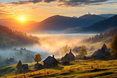 Enchanting Sunrise: Unveiling the Majestic Carpathian Village Amidst Picturesque Mountains, the Haven of Hutsul Highlanders and Untamed Natureの素材
