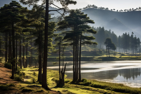 Discovering the Serene Splendor: Telaga Menjer - A Picturesque Lake Amidst the Enchanting Pine Tree Canopyの素材