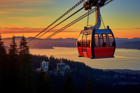 Cable car on the top of the mountain at sunset. Ski resortの素材