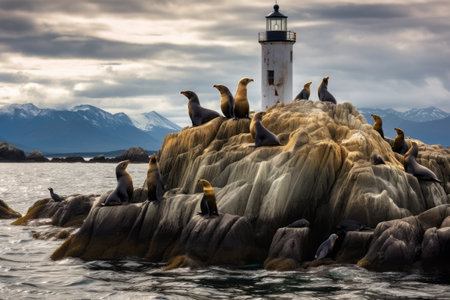 Captivating Wildlife Encounter: Sea Lions and Cormorants Amidst the Breathtaking Beagle Channel in Ushuaia, Argentinaの素材