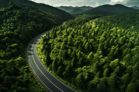 The Enchanting Scenery: A Bird's Eye View of the Serene Countryside Road Meandering Through Lush Forests and Majestic Mountainsの素材