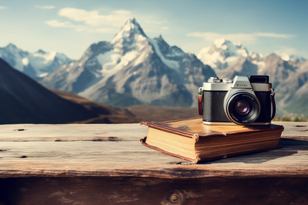 Capturing Nostalgia: Vintage Hipster Camera and Book Gracing a Wooden Deck Against the Majestic Backdrop of Everest Mountainの素材