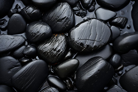 The Majestic Magnificence of Ocean's Lava Stones: Close-up View of Enchanting Wet, Dark Black Rocksの素材