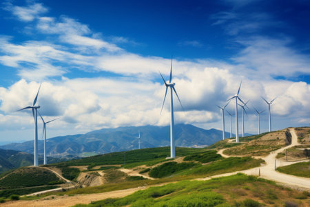 A Breathtaking View: Wind Farm on the Mountain with a Backdrop of Blue Sky and White Cloudsの素材