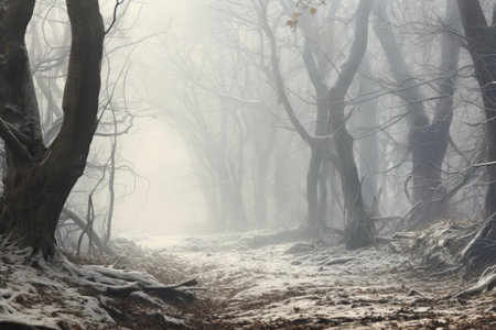 Mystical Enchantment: Winter Forest Shrouded in Fogの素材