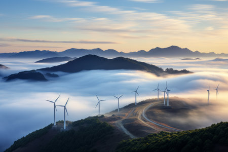 Captivating Sunrise Scene: Majestic Wind Turbines Grace the Alpine Landscape in Taebaek-si, Gangwon-do, South Koreaの素材