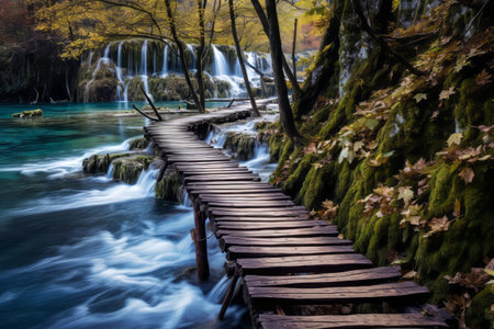 Journey into Nature's Tranquility: Exploring the Enchanting Wooden Path of Plitvice National Park, Croatiaの素材