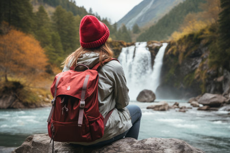 Embracing the Majesty: Captivating Woman Enraptured by Nature's Might Amidst Mountain River Waterfallの素材