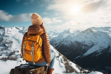 Embracing the Serenity: A Woman's Winter Adventure Amidst Majestic Mountainsの素材