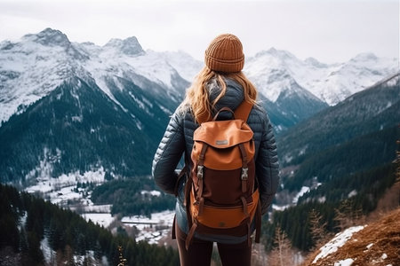 Winter Wanderlust: A Woman's Journey through Majestic Mountains and Breathtaking Landscapesの素材