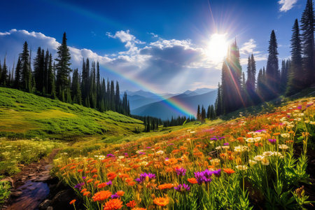 A Kaleidoscope of Colors: Montana Mountains Awash in Wildflowers Beneath a Radiant Rainbowの素材
