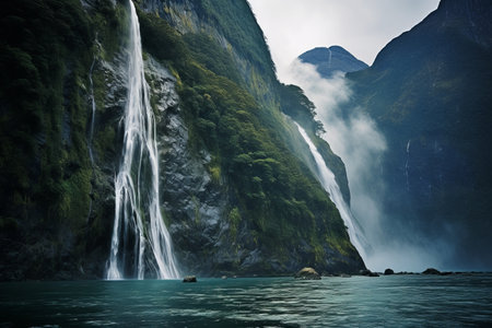 The Majestic Cascade: Exploring the Waterfall Wonderland of Milford Sound in New Zealandの素材