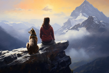 Winter Summit Serenity: A Woman and her Dog Conquer Snow Capped Mountainsの素材