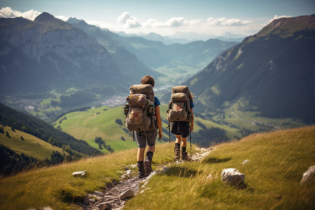 Adventurous Youth: Exploring the Serene Mountain Trails with Miniature Backpacksの素材