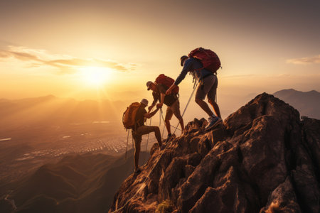 Group of hikers with backpacks on the top of a mountain.の素材