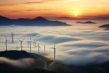 Captivatingly Serene Sunrise Over Alpine Wind Turbines in Taebaek-si, Gangwon-do, South Koreaの素材
