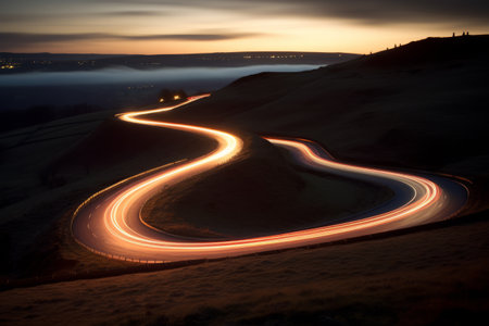 Enchanting Journey: Tracing Light Trails Along the Serpentine Pathways of Rural British Countrysideの素材