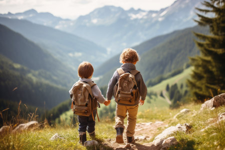 Exploring the Beauty of the Mountains: Adventurous Young Hikers with Small Backpacksの素材