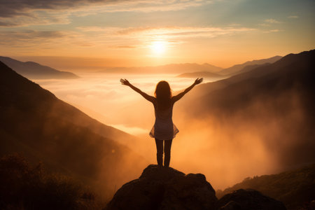 Embracing the Dawn: A Woman's Blissful Encounter with the Sunrise in the Majestic Mountainsの素材