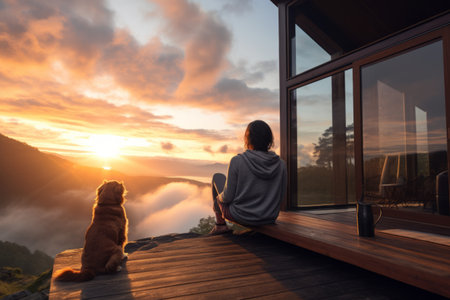 Escape to Nature: Embracing Sunrise Serenity in a Tiny Mountain Cabin with Man's Best Friendの素材