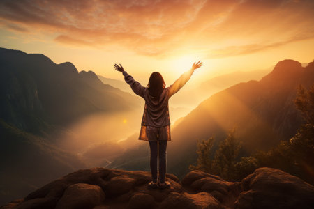 Embracing Nature's Beauty: A Woman's Serene Morning Atop the Majestic Mountainsの素材