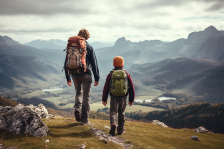 Exploring the Great Outdoors: Adventure-loving Young Hikers Trekking through Majestic Mountainsの素材