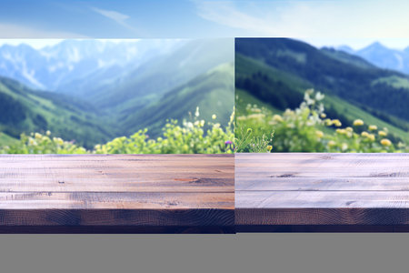 Nature-inspired Wood Tabletop Stand: Showcasing Food Products amid a Breathtaking Spring Mountain Landscapeの素材
