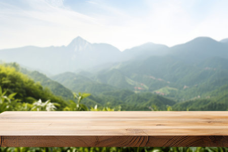 Nature-Inspired Wood Table Stand: Showcasing Food Products Against a Breathtaking Mountain Landscape in Springの素材
