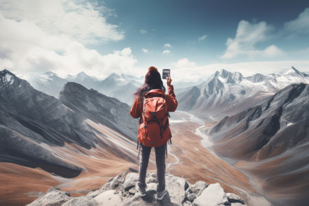 Capturing Majestic Heights: A Female Backpacker Photographing High Altitude Mountains with her Smartphoneの素材