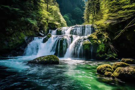 Enchanting Cascades: Serene Wild River Waterfall Amidst Majestic Mountain Forestの素材