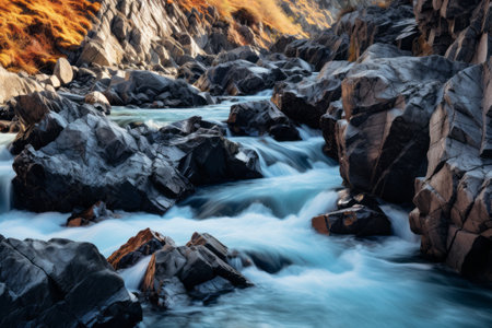 Rush of untamed waters: A wild mountain river carving through rugged rocksの素材