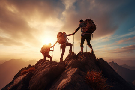 Hikers with backpacks on the top of a mountain at sunsetの素材