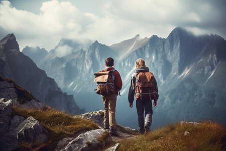 Exploring the Majestic Mountains: Adventurous Young Hikers with Small Backpacks Embrace Nature's Wondersの素材