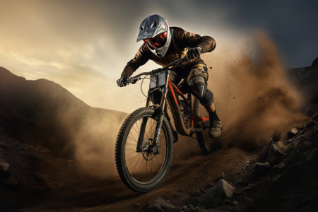Thrilling Descents: Young Daredevil on a Mountain Bike Rides Downhill in Styleの素材
