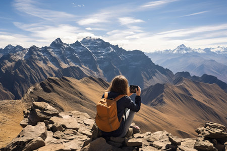 Capturing Majestic Heights: A Woman Backpacker Immortalizes High Altitude Mountains with Her Smartphoneの素材