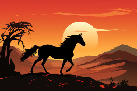 Graceful Shadows: The Majestic Horse Silhouette against a Sunset Landscapeの素材