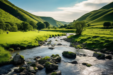A Serene Symphony: Embracing the Enchanting Highland Green Hills and Rocky River Stream amidst the Bountiful Spring Foliageの素材