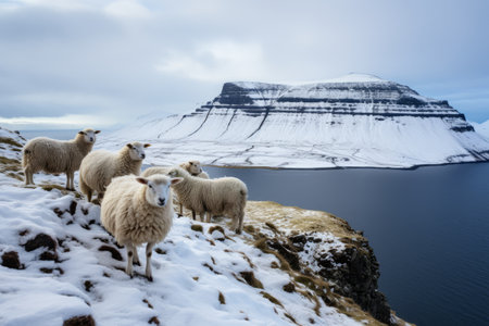 Sheep's Winter Haven: Serene Grazing on the Snowy Hills of Faroe Islandsの素材