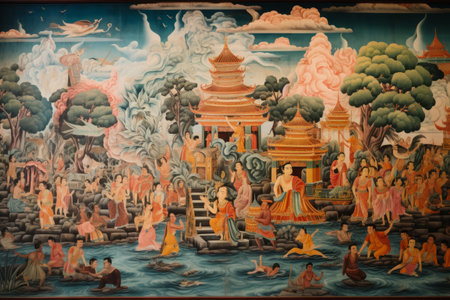 Discover the Vibrant Art Wall at Temple of Mahachulalongkornrajavidyalaya University, Ayutthaya, Thailandの素材