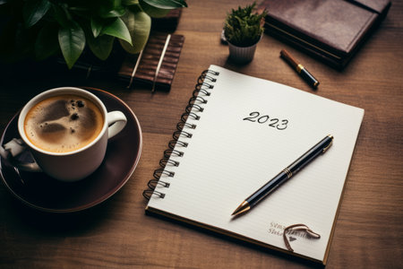 Mapping Out Success: Charting Plans and Goals for 2022 with a Pen, Notebook, and Coffeeの素材