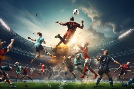 Dynamic Clash: A Breathtaking Collage of Action-Packed Soccer and Football Players Competing at Stadium â Unveiling the Essence of Sporting Glory! A Striking Collage Poster for an Exhilarating Advertisement with a Wide-Angle Bottom Viewの素材