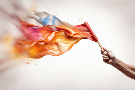 Exhilarating Leap to Victory: A Spectacular Mixed Media Artwork Featuring a Sprinting Hand Racing towards the Flagの素材