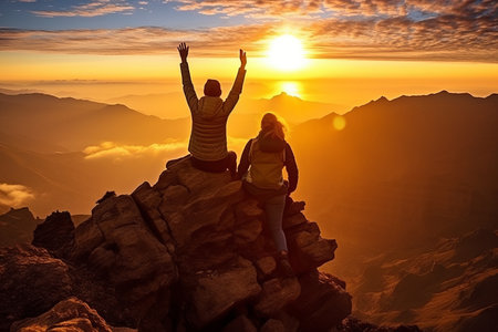 Reaching New Heights: A Couple's Triumph in the Majestic Sunset Mountains of Gran Canaria, Canary Islandsの素材