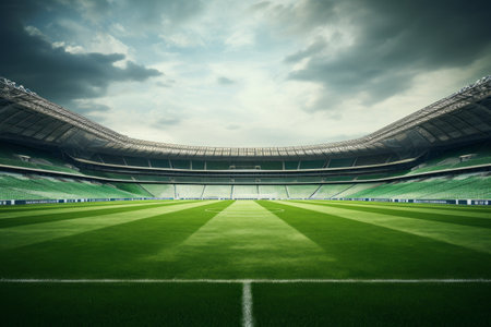 Pristine Green Field in Soccer Stadium: Midfield 92 - Game-Ready!の素材