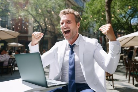 Triumphant CEO in White Shirt: Celebrating Business Success at Sidewalk Table with Netbookの素材