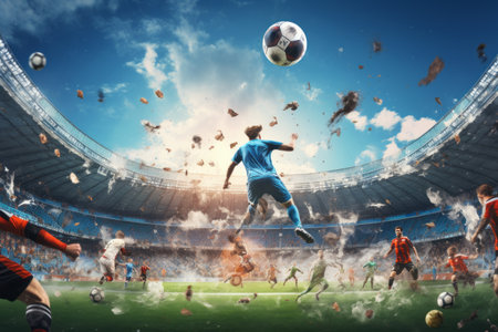 Unleashing the Fury: A Spectacle of Athleticism and Intensity - A Collage of Soccer and Football Players in Full Motion Action at a Vibrant Stadium. Showcasing the Power of Sports, Competitiveness, and the Pursuit of Goals. A Captivating Collage Poster foの素材