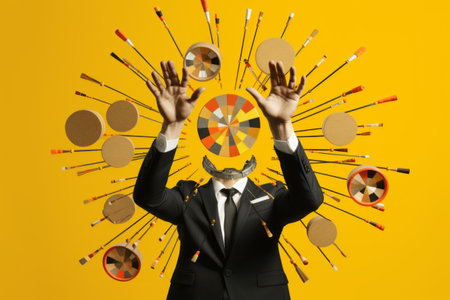 Targeted Ambitions: A Contemporary Art Collage Illustrating Goals, Success, and Business Growthの素材