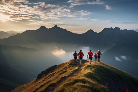 Conquering the Heights: A Thrilling Journey of Trail Runners Along Mountain Ridge Topsの素材
